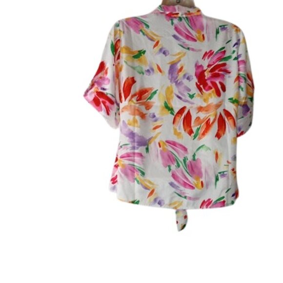 Belldini Womens Tie Neck Button Up Blouse White Combo Floral Dot Satin S New - Picture 3 of 3